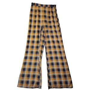 Nasty Gal Button or Nothing Check Pants Blue Yellow Plaid Wide Leg US 6 Retro